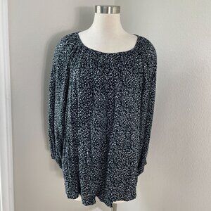 Old Navy Womens Plus 3X Floral Blouse Black White Cotton Peasant Top Shirt